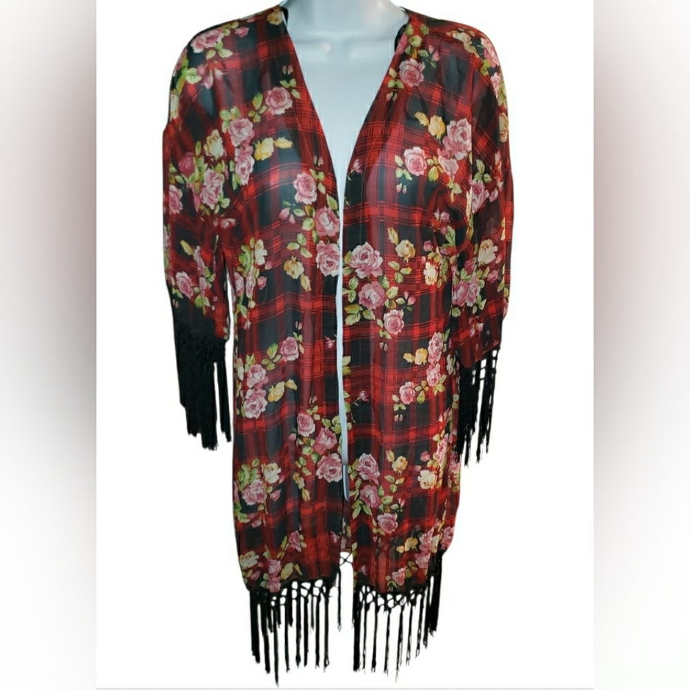 Red Plaid Floral Fringe Kimono - Elegant Layering  NWOT
